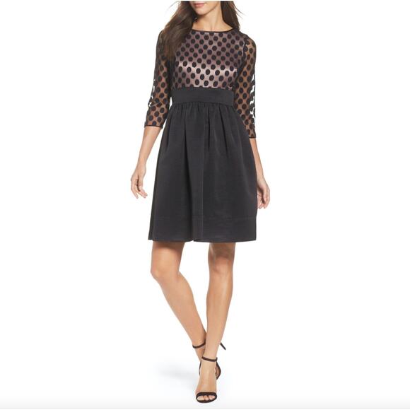 Eliza J Dress Womens 14 Dot Mesh Bodice Fit & Flare Black Nude Polka Dot - Picture 1 of 8